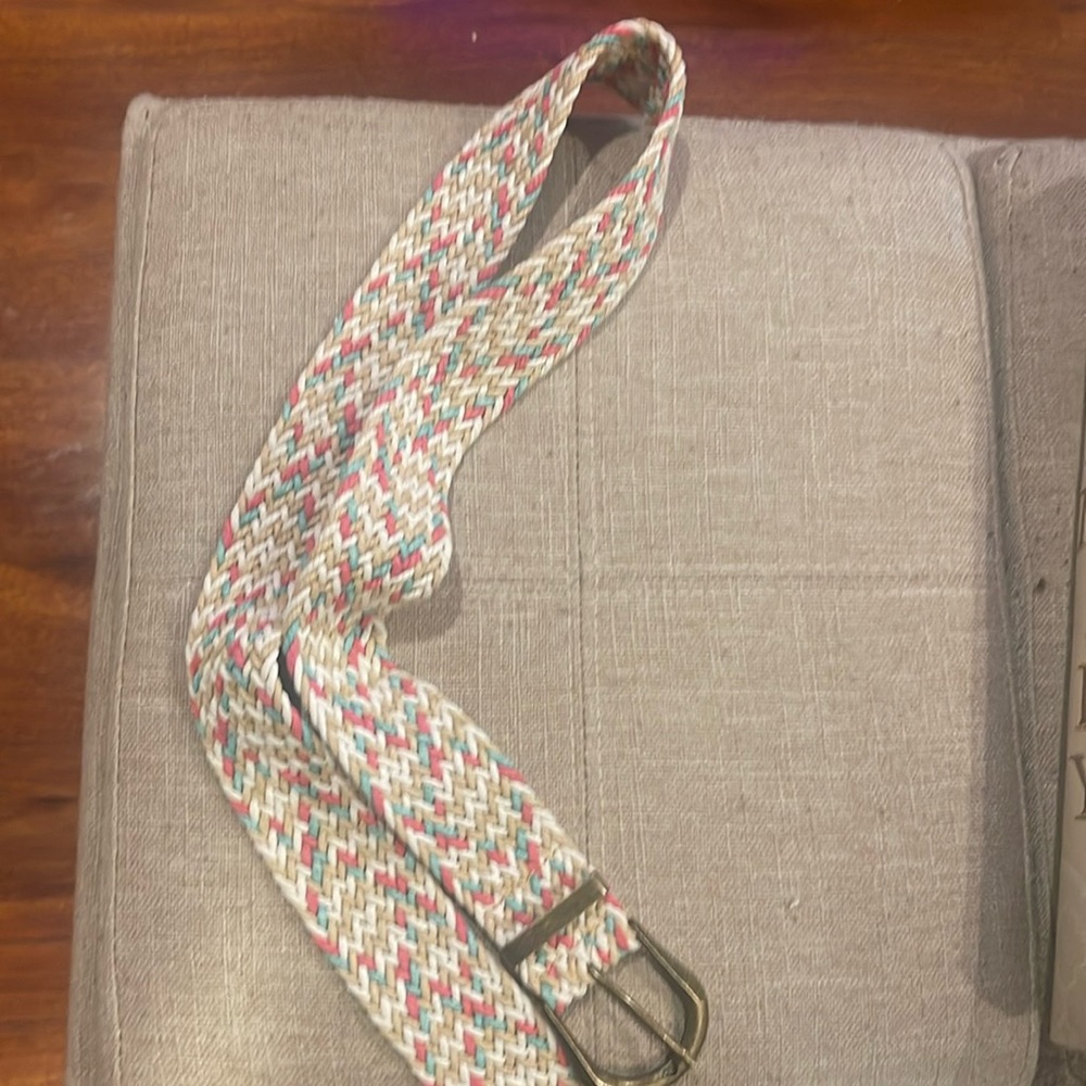 White, teal, pink and tan belt